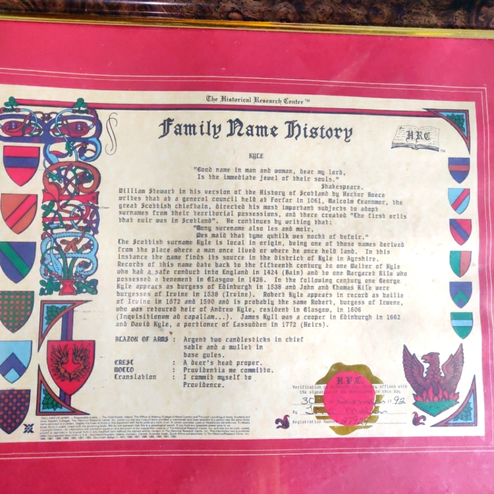 The Historical Research Center-Family Name History  "KYLE”  dtd Dec. 30 1992